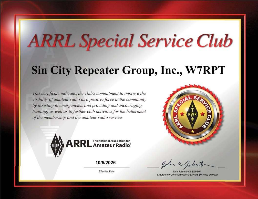 ARRL Special Service Club certificate for Sin City Repeater Group Inc W7RPT effective October 5 2026